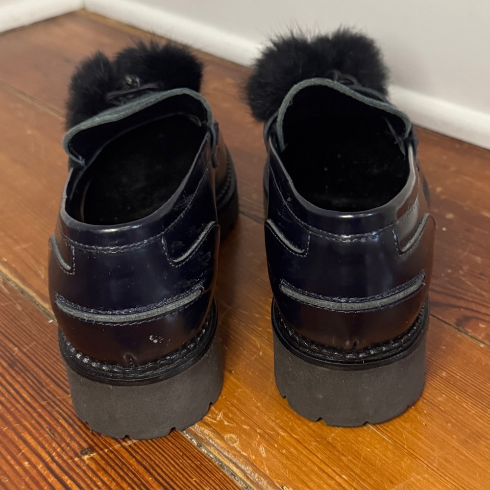 PHIL GATIÉR by REPO Patent Leather Lug Sole Loafers Pom Poms Blue Black 36 5.5 - Picture 5 of 10